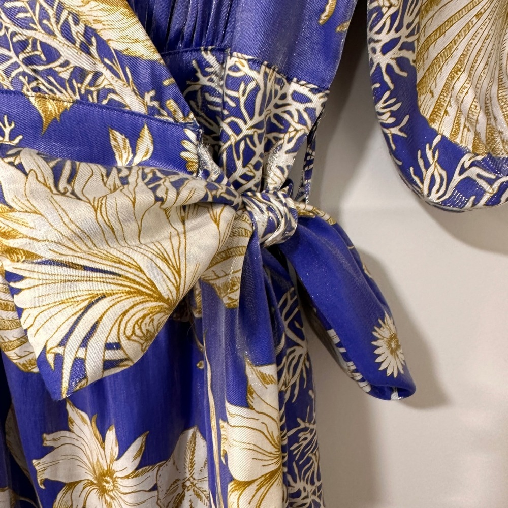 Ciebon Coastal Shell Print Wrap Maxi Dress Womens L Blue Gold Metallic Resort - Picture 6 of 12